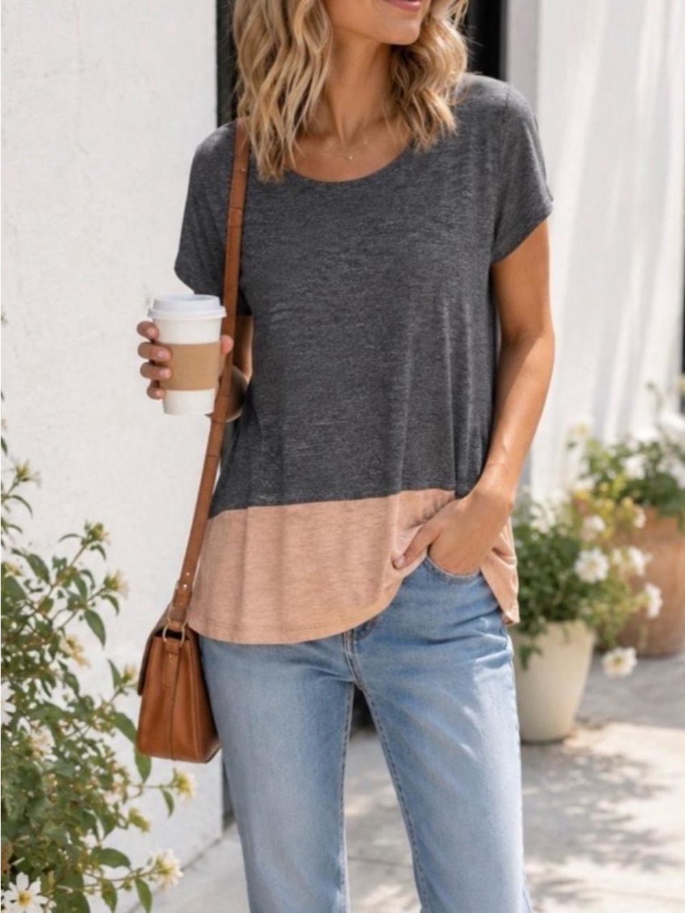 Anthropologie DOLAN T-Shirt Gray Colorblock Knit Layered Hi-Low Hem Sz M